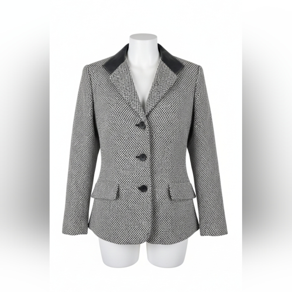 TALBOTS WOMENS JACKET/BLAZER, BLACK & WHITE HERRINGBONE & LEATHER SZ 14, NWOT